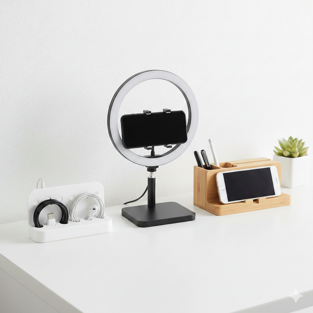 Essential phone accessories including holders, chargers, ring lights, and organizers
