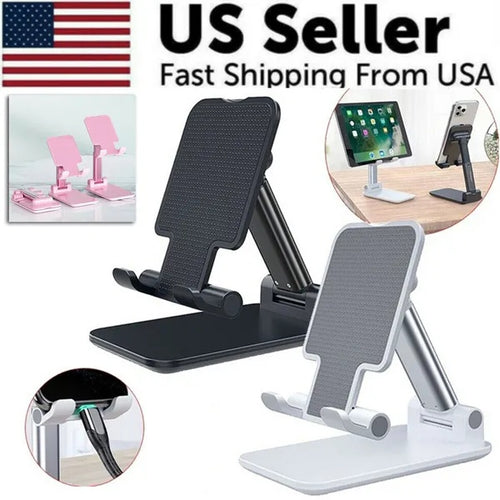 Adjustable phone and tablet desk stand for hands-free desktop use